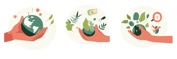 Hands holding globe with green leaves and eco icons symbolizing sustainability conservation renewable energy and environmental protection concepts in flat minimalist style vector illustration
