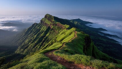 Panoramic view of a mountain ridge with a winding trail, lush green vegetation, and a sea of clouds below