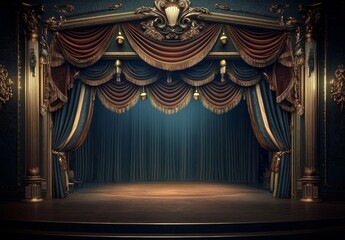 Luxurious curtain details in a dramatic theatre setting. 