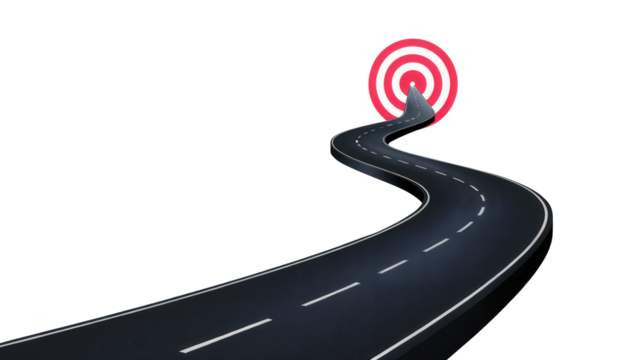 A winding road leads to a glowing red target symbol representing a clear goal or objective isolated on transparent background