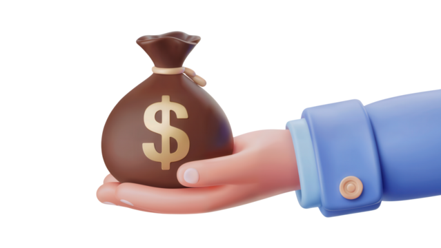 Hand holding a brown money bag with a golden dollar sign symbol isolated on transparent background