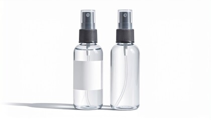 Two clear spray bottles with black caps on white background.