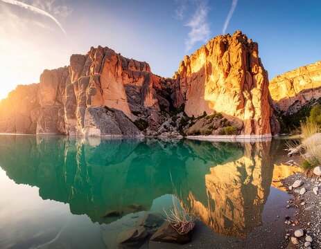 Majestic sunlit cliffs reflect on serene turquoise lake creating a breathtaking natural landscape vista - Powered by Adobe