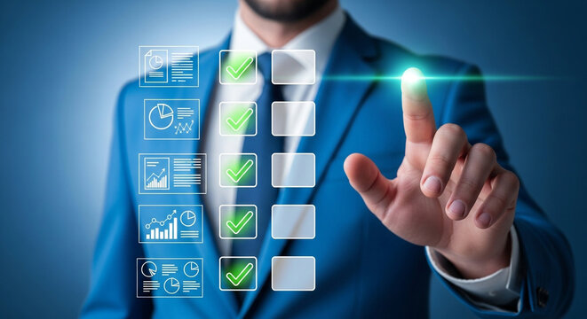 Businessman using a digital interface to complete a checklist of tasks with business data and green check marks