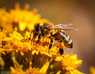 Honeybee on yellow flowers
