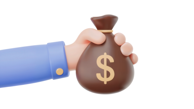 Hand holding a brown money bag with a golden dollar sign symbol isolated on transparent background