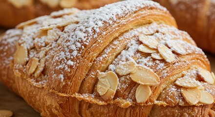 A closeup of an almond croissant dusted with powdered sugar and adorned with almond slices