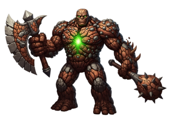 A powerful, stone-skinned creature wields an axe and a spiked club, showcasing detailed texture and a vibrant green glow in the center of its chest.