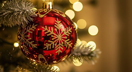A red Christmas ornament with glittery gold snowflakes hangs on a flocked tree surrounded by bokeh lights