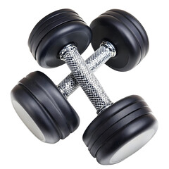 Two black dumbbells crossed in a clean studio shot, symbolizing strength, fitness, and an active lifestyle. Perfect for illustrating workout routines, health goals, and personal development concepts