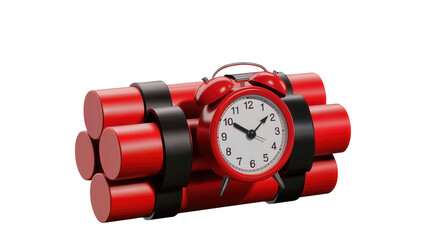A classic red alarm clock timer attached to dynamite sticks representing a ticking time bomb isolated on transparent background