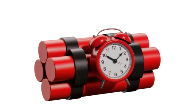 A classic red alarm clock timer attached to dynamite sticks representing a ticking time bomb isolated on transparent background