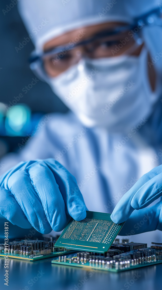 Aufkleber scientist in protective gear assembling microchip in laboratory.