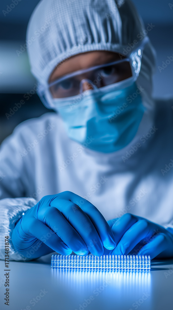 Aufkleber scientist in protective gear assembling microchip in laboratory.