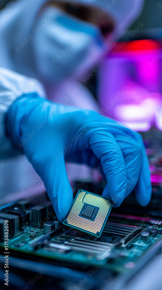 Aufkleber scientist in protective gear assembling microchip in laboratory.