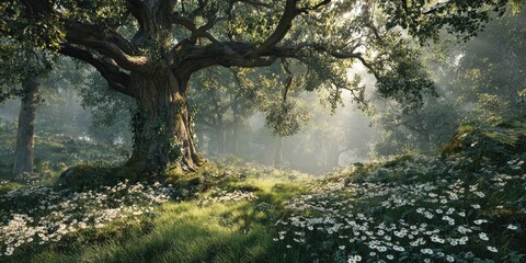 Sunlit forest path, ancient oak, wildflowers