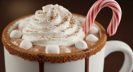 Closeup of hot chocolate white mug rimmed with brown sprinkles topped with marshmallows whipped cream a candy cane