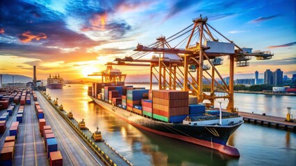 Naklejka premium Commercial Shipping Container Vessel at Dock During Sunset Sky