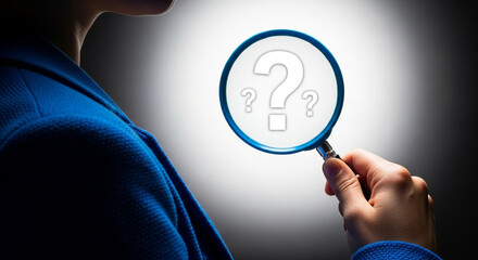 Woman holding magnifying glass with question mark, concept of searching for answers, finding solutions and solving problems