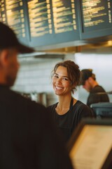 A smiling worker greeting customers at the counter The bright menu glows above them The mood feels friendly and welcoming