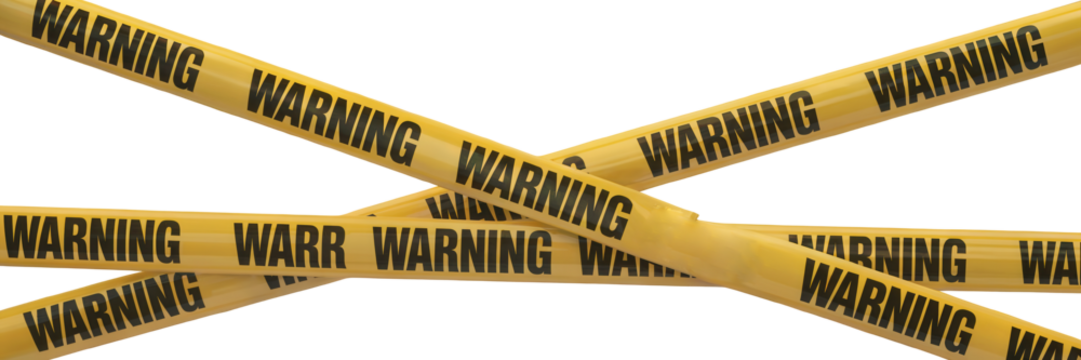 Yellow caution tape with the word warning repeated multiple times crossing over itself isolated on transparent background