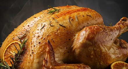 Roasted turkey goldenbrown skin seasoned with herbs and spices garnished with orange slices