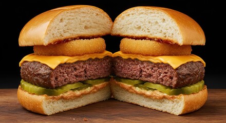 Split burger shows patty cheese onion rings pickles Half buns rest on wood surface Black background