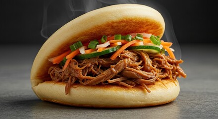 Steaming bun filled with pulled meat cucumber carrots  scallions resting on a gray surface