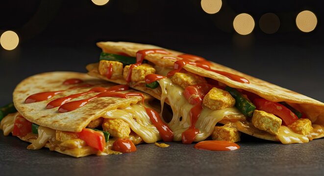 Stacked quesadillas with cheese vegetables cubed tofu and drizzled sauce - Powered by Adobe