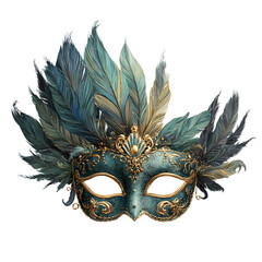 Elegant teal masquerade mask adorned with gold embellishments and a fan of blue and gold feathers, isolated on white.
