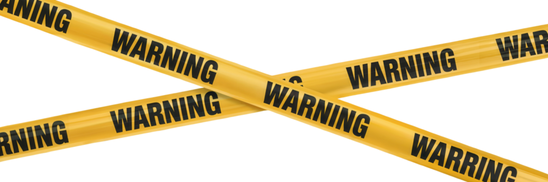 Bright yellow caution tape with the word warning printed repeatedly in black isolated on transparent background