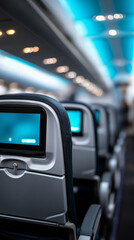 Interior of a modern airplane cabin showing empty seats with personal screens.
