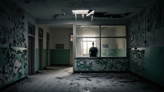 Abandoned asylum corridor featuring a figure behind glass in a haunting scene