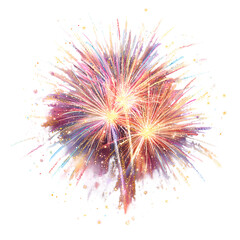Explosion of colorful fireworks with golden sparks and pink smoke against a white background, festive celebration, abstract view

