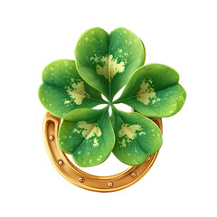A golden horseshoe entwined with a lush green four-leaf clover, isolated on a white background.
