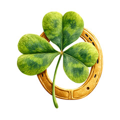 A golden horseshoe is intertwined with a lush green four-leaf clover, isolated on a white background. The composition is a close-up, studio shot.

