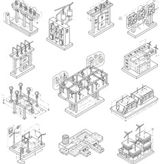 Obraz premium An intricate set of isometric line drawings illustrating diverse aspects of electricity production, grid technology, and renewable energy solutions.