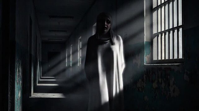 Eerie figure in asylum hallway with haunting presence and shadows