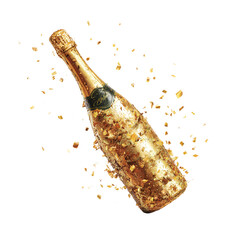 Golden champagne bottle with confetti explosion, studio shot, isolated on white background, dynamic composition.

