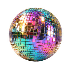 Disco ball with colorful reflections, studio shot, isolated on white background.
