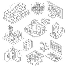 Fototapeta premium This comprehensive isometric line art set illustrates modern energy infrastructure, smart grid technology, battery storage, and digital data management systems.