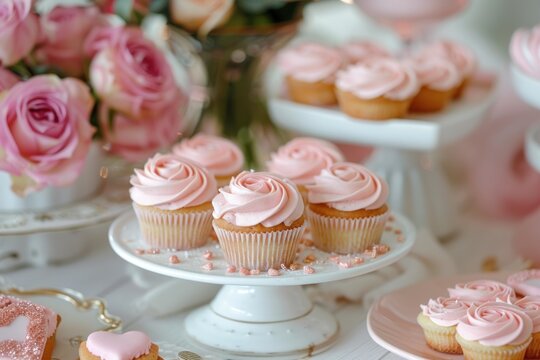 Charming dessert table featuring pink cupcakes and roses, perfect for a bridal shower or a sweet celebration with loved ones