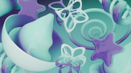 Abstract teal and purple design with spirals, stars, and spheres, ideal for backgrounds, digital prints, graphic designs, and decors projects. - Powered by Adobe