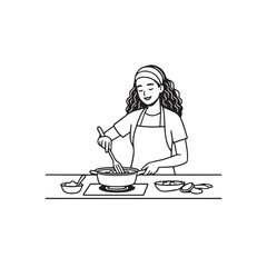 Black and White Vector Illustration of a Smiling Woman Cooking in Kitchen with Apron and Headband