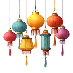 A collection of vibrant Chinese lanterns with tassels, suspended against a white background. The lanterns are in various shapes and colors, including red, teal, yellow, orange, and pink.

