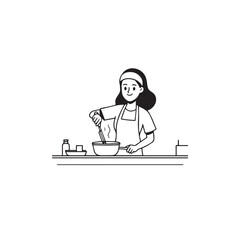 Black and White Vector Illustration of a Smiling Woman Cooking in Kitchen with Apron and Headband