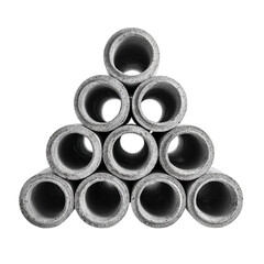 Row of cement pipe are stacked on transparent background
