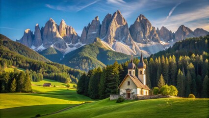 Scenic View of Mountains and Church at Sunrise in Tranquil Landscape