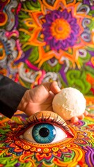Hand holding orb, eye detail