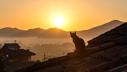 A silhouette cat on a rooftop at sunrise over a misty valley